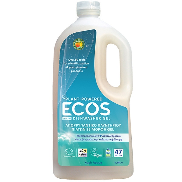 Βιολογικό Υγρό Τζελ Πλυντηρίου Πιάτων Χωρίς Άρωμα 1.18lt, Ecos - Earth Friendly