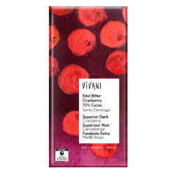 Vivani Βιολογική, Vegan Μαύρη Σοκολάτα 70% Cocoa Santo Domingo με Cranberry 80g